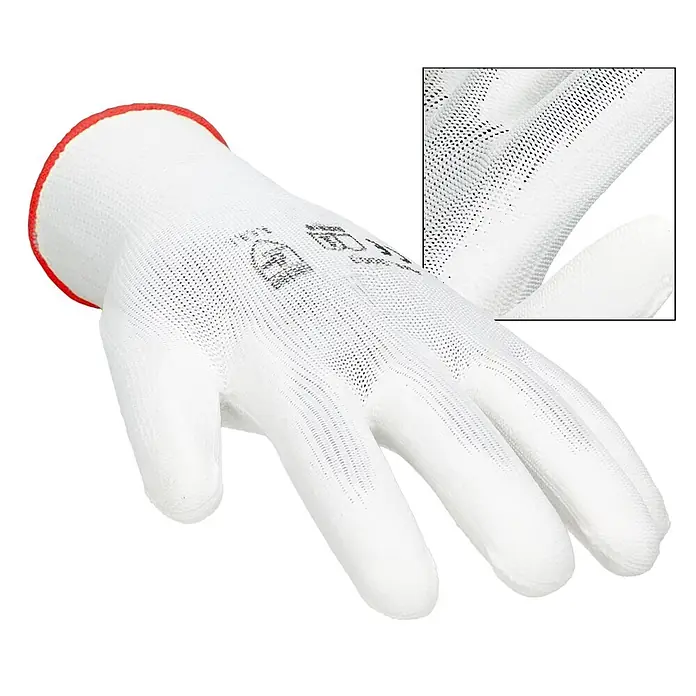 ECD Germany Arbeitshandschuhe 4er Set Mechanikerhandschuhe Größe: S Weiß atmungsaktiv & rutschfest - Weiß, Polyester - Weißer Strickhandschuh mit rotem Bündchen und schwarzen strukturierten Griffflächen auf der Handfläche.