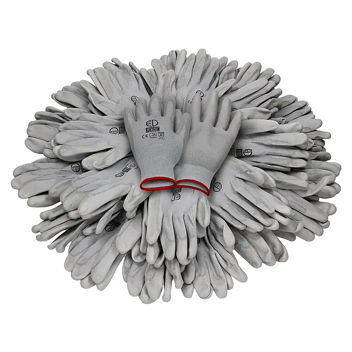 ECD Germany Arbeitshandschuhe 24er Set Mechanikerhandschuhe Größe: S atmungsaktiv & rutschfest - Grau, Polyester - Ein großer Stapel grauer Strickarbeitshandschuhe, einige mit roten Bündchen.
