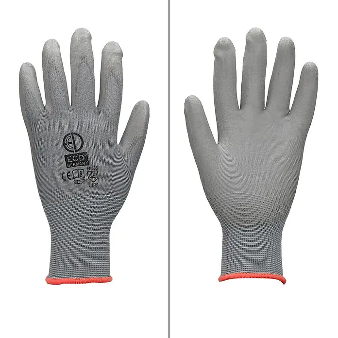 ECD Germany Arbeitshandschuhe 12er Set Mechanikerhandschuhe Größe: S atmungsaktiv & rutschfest - Grau, Polyester - Paar grauer gestrickter Schutzhandschuhe mit orangefarbener Manschette, Vorder- und Rückseite.
