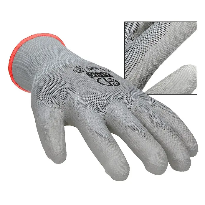 ECD Germany Arbeitshandschuhe 12er Set Mechanikerhandschuhe Größe: S atmungsaktiv & rutschfest - Grau, Polyester - Grauer gestrickter Arbeitshandschuh mit texturiertem Griff auf Handfläche und Fingern, mit rotem Bündchenrand.
