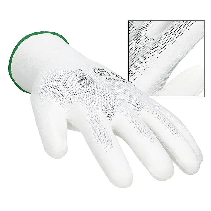 ECD Germany Arbeitshandschuhe 4er Set Mechanikerhandschuhe Größe: XXL atmungsaktiv & rutschfest - Weiß, Polyester - Weißer Arbeitshandschuh mit grünem Bund und schwarzen Anti-Rutsch-Punkten auf Handfläche und Fingern.