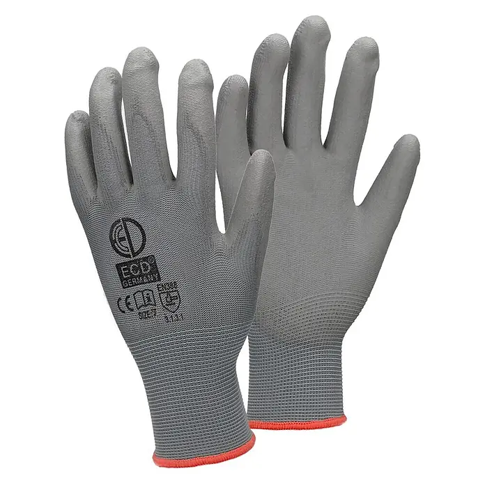 ECD Germany Arbeitshandschuhe 12er Set Mechanikerhandschuhe Größe: S atmungsaktiv & rutschfest - Grau, Polyester - Graue Strick-Arbeitshandschuhe mit orangefarbenem Bündchenrand, für Schutz.