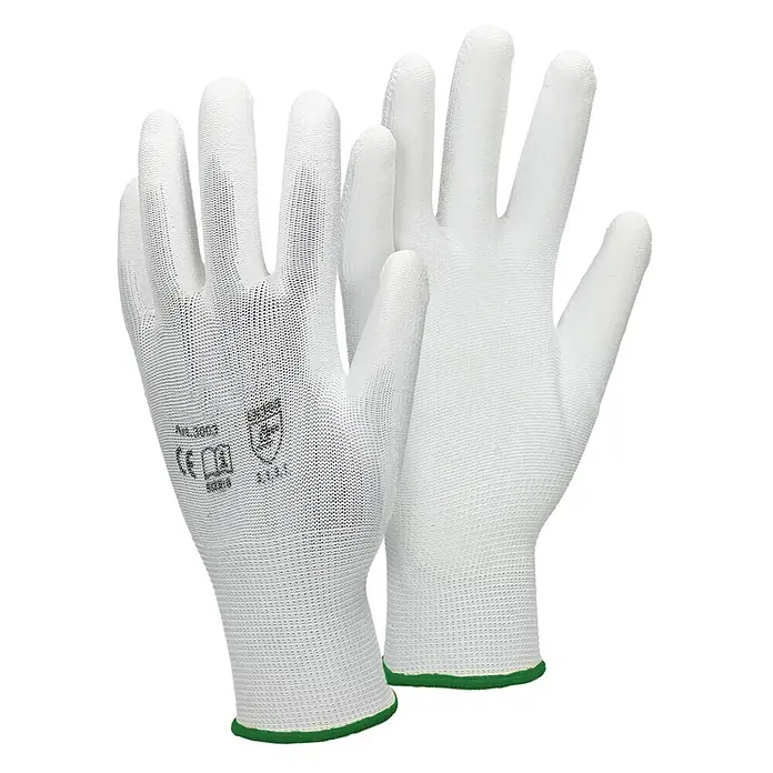 ECD Germany Arbeitshandschuhe 4er Set Mechanikerhandschuhe Größe: XXL atmungsaktiv & rutschfest - Weiß, Polyester - Weiß gestrickte Arbeitshandschuhe mit grünen Bündchen und Sicherheitssymbolen.