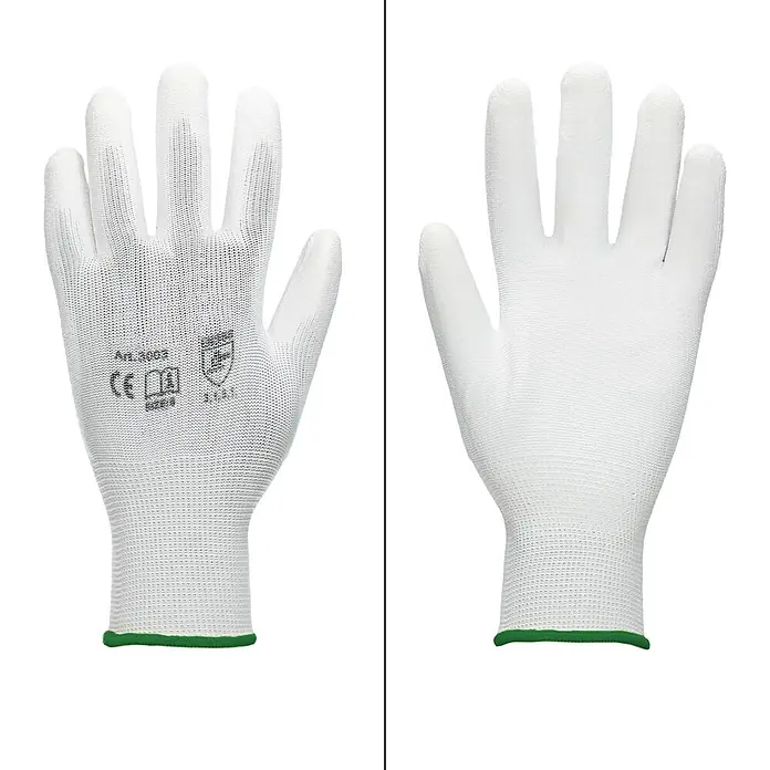 ECD Germany Arbeitshandschuhe 4er Set Mechanikerhandschuhe Größe: XXL atmungsaktiv & rutschfest - Weiß, Polyester - Paar weiße Strickhandschuhe mit grünen Bündchen.