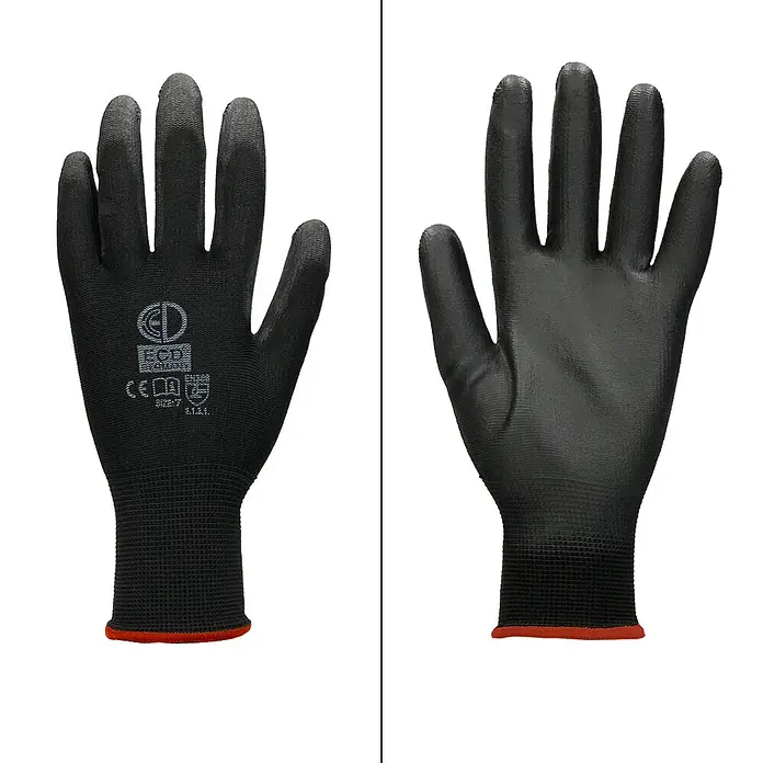 ECD Germany Arbeitshandschuhe 24er Set Mechanikerhandschuhe Größe: S atmungsaktiv & rutschfest - Schwarz, Polyester - Paar schwarze Arbeitshandschuhe mit texturierten Griffflächen und rotem Bündchenrand.
