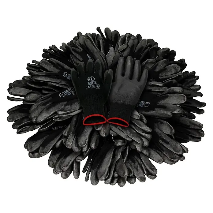 ECD Germany Arbeitshandschuhe 24er Set Mechanikerhandschuhe Größe: S atmungsaktiv & rutschfest - Schwarz, Polyester - Schwarze Arbeitshandschuhe mit texturierten Handflächen und roten elastischen Bündchen, auf einem großen Stapel angeordnet.
