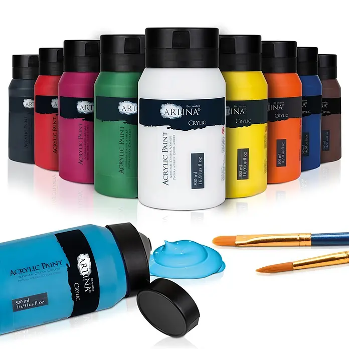 10er Acrylfarben Set 500ml Crylic Hohe Pigmentierung -  - Mehrere bunte Acrylfarbenflaschen, teils mit herausgedrückter Farbe, und Pinsel zum Malen bereit.