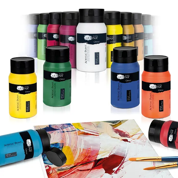 Artina Acrylfarben-Set Crylic -  - Sortiment farbiger ARTINA Crylic Acrylfarbenflaschen, teils mit 500 ml Etiketten, Pinseln und einer bemalten Leinwand.