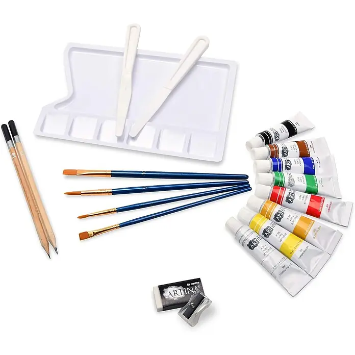 24tlg. Malset mit Staffelei Tessin -  - Acrylfarben-Set mit Tuben, Pinseln, einer Palette, Bleistiften, Spitzer und Radiergummi.