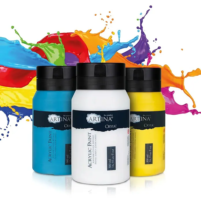 10er Acrylfarben Set 500ml Crylic Hohe Pigmentierung -  - Drei Flaschen ARTINA CRYLIC Acrylfarbe in Blau, Weiß und Gelb.