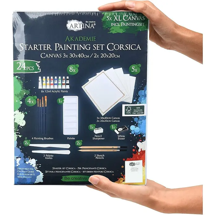 24tlg. Malset mit Staffelei Tessin -  - Artina 'Akademie' Malset Corsica mit 5 Leinwänden, Acrylfarben, Pinseln und Zubehör, von Händen gehalten.