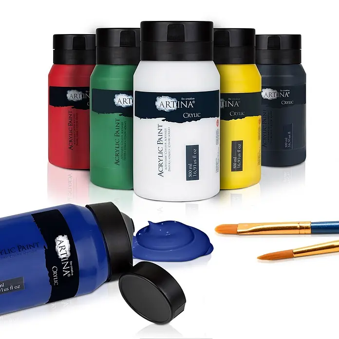 6er Acrylfarben Set 500ml Crylic Hohe Pigmentierun -  - Set Artina Crylic Acrylfarben (rot, grün, weiß, gelb, schwarz, blau) mit verschütteter blauer Farbe und zwei Pinseln.