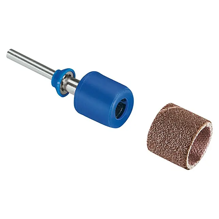 Dremel EZ SpeedClic Schleifdorn SC 407 - 13 mm, 3 -tlg. - Ein Schleifbandhalter mit einem Schleifband. Das Schleifband kann auf den Schleifbandhalter geschoben werden, um Schleifarbeiten durchzuführen.
