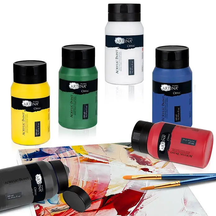 6er Acrylfarben Set 500ml Crylic Hohe Pigmentierun -  - Sechs Flaschen Artina Crylic Acrylfarben (gelb, grün, weiß, blau, rot, dunkelgrau) mit Pinseln und bemaltem Leinwand.