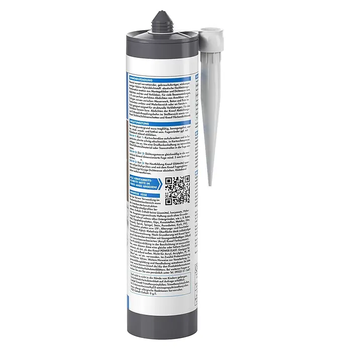 Knauf Dichtstoff Power-Elast - 290 ml, Hybrid-Polymer, Weiß - Eine weiße und graue Kartusche mit Dichtstoff oder Kleber, mit Etikett und QR-Code.