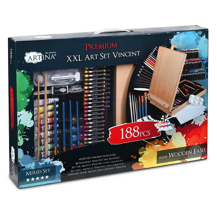 XXL 188tlg Malset inkl. Malkoffer & Tischstaffelei Vincent -  - Artina Premium XXL Künstler-Set Vincent, 188 Teile, in Box mit Sichtfenster, zeigt Kunstzubehör und Holzstaffelei.