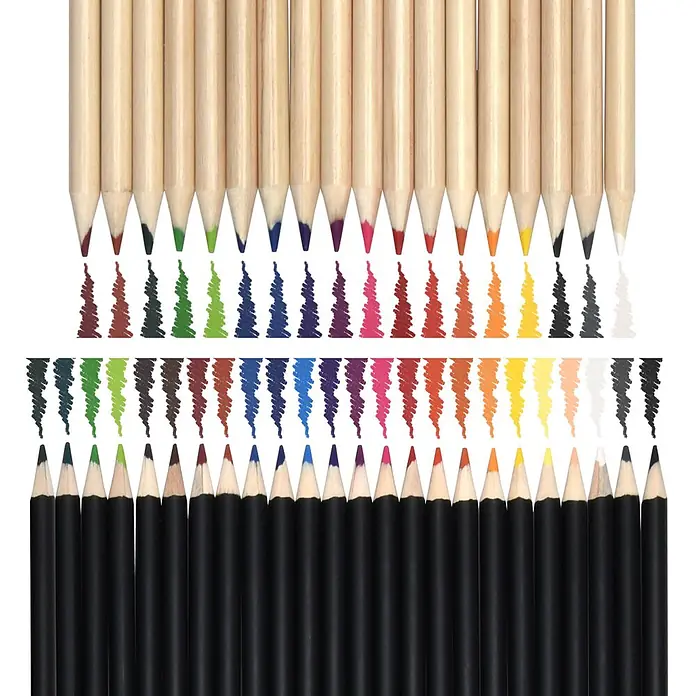 Artina Acrylfarben-Set Genova - Malkasten - Bunte Holz- und schwarze Buntstifte, gespitzt und mit Farbmustern daneben, die ihre Farben zeigen.