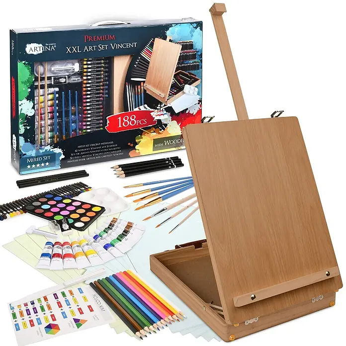 XXL 188tlg Malset inkl. Malkoffer & Tischstaffelei Vincent -  - Artina XXL Kunstset mit Staffelei aus Holz, Farben, Pinseln, Bleistiften und weiterem Kreativzubehör.