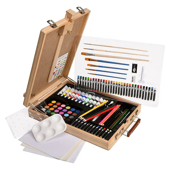 XXL 188tlg Malset inkl. Malkoffer & Tischstaffelei Vincent -  - Offener Holzmalkasten mit Staffelei-Deckel, gefüllt mit Farben, Pinseln, Stiften, Pastellen und Palette für Kreatives.