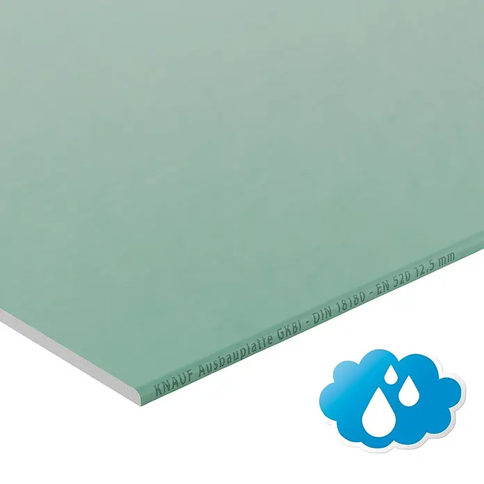 Knauf Gipskartonplatte GKBI - 2.600 x 600 x 12,5 mm, Imprägniert - Hellgrüne Knauf Ausbauplatte (Gipskartonplatte), 12,5 mm dick, mit Wassertropfen-Symbol, feuchtigkeitsbeständig.
