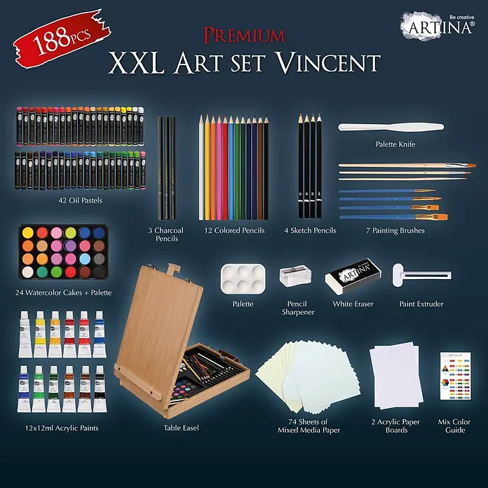 XXL 188tlg Malset inkl. Malkoffer & Tischstaffelei Vincent -  - Umfassendes 188-teiliges ARTINA Kunstset mit Farben, Pastellkreiden, Bleistiften, Pinseln, Staffelei und Papieren für vielseitigen künstlerischen Ausdruck.