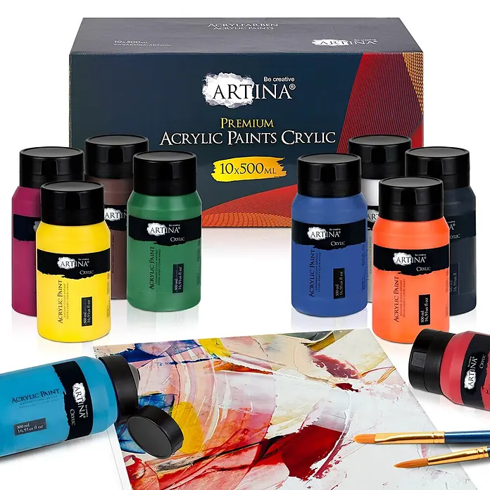 10er Acrylfarben Set 500ml Crylic Hohe Pigmentierung -  - Artina Crylic Premium-Acrylfarben-Set mit 10x500ml Flaschen in verschiedenen Farben, gezeigt mit Leinwand und Pinseln.
