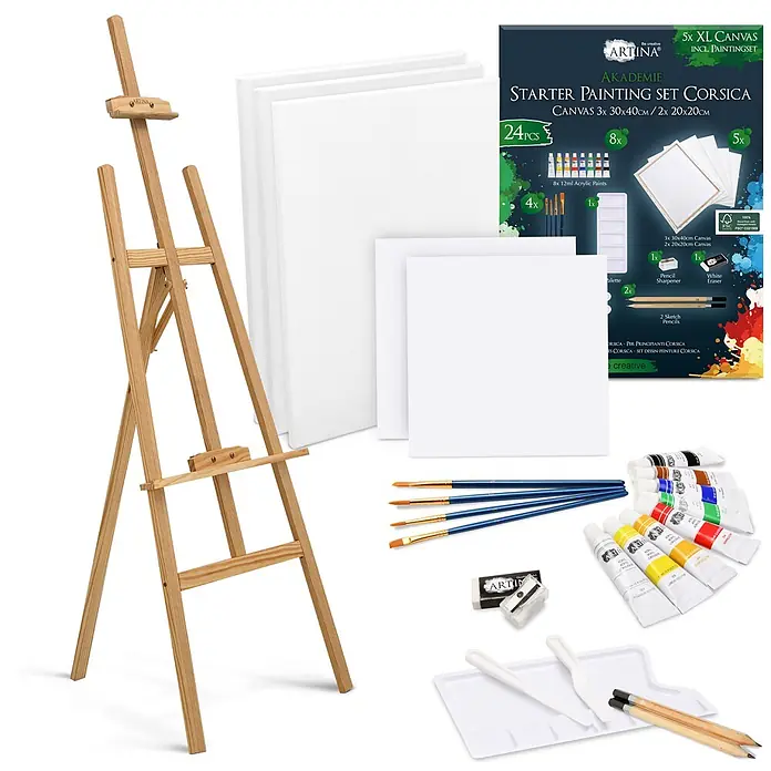 24tlg. Malset mit Staffelei Tessin -  - Ein komplettes Malset mit einer Staffelei aus Holz, verschiedenen weißen Leinwänden, Acrylfarben, Pinseln, Bleistiften und Malzubehör.