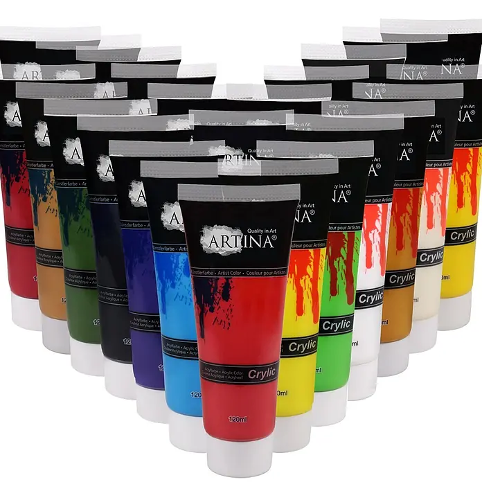 24er Acrylfarben Set 120ml Crylic -  - Eine Gruppe farbiger ARTINA Crylic Acrylfarben-Tuben, mit herunterlaufender Farbe an den Seiten, in Reihen angeordnet.