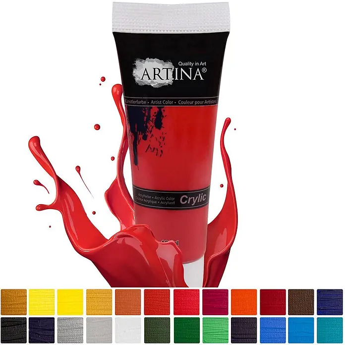 24er Acrylfarben Set 120ml Crylic -  - Rote ARTINA Acrylfarbtube mit Farbspritzern und Farbtafeln.