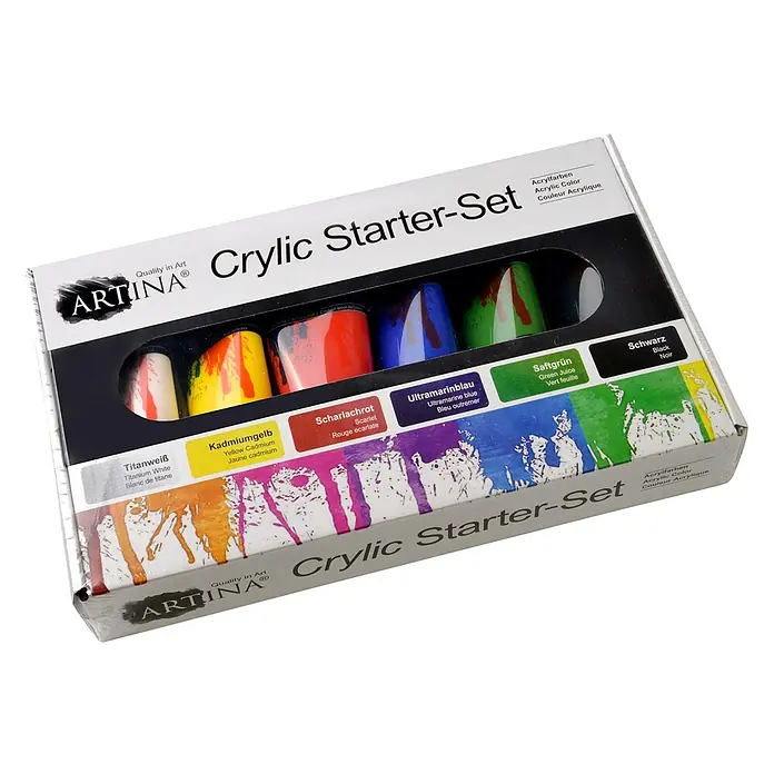 Crylic 6x 120 ml Acrylfarben Set - 720ml - Artina Cryclic Acrylfarben Starter-Set mit 6 Tuben: Weiß, Gelb, Rot, Blau, Grün, Schwarz.