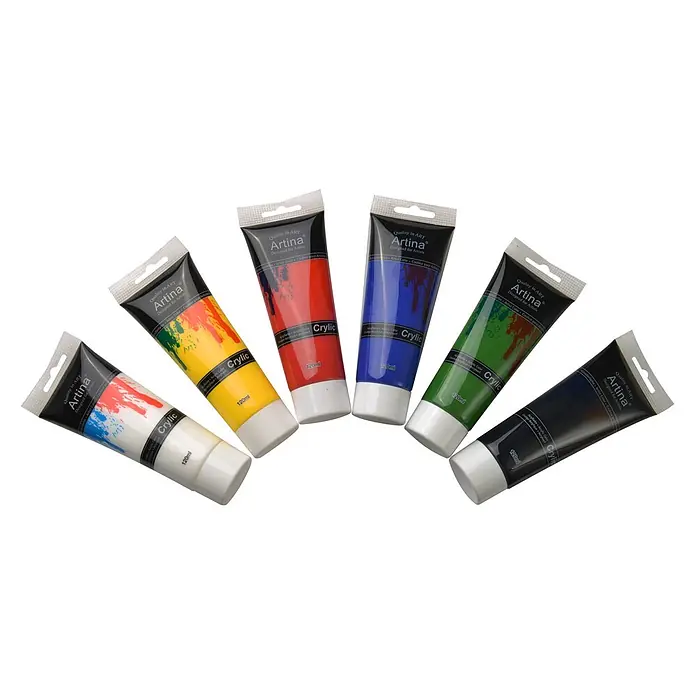 Crylic 6x 120 ml Acrylfarben Set - 720ml - Sechs Tuben Artina Crylic Acrylfarbe in Weiß, Gelb, Rot, Blau, Grün und Schwarz, fächerförmig angeordnet.