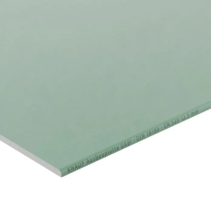 Knauf Gipskartonplatte GKBI - 2.000 x 600 x 12,5 mm, Imprägniert - Grüne Knauf Gipsplatte, 12,5 mm dick, aus schrägem Blickwinkel dargestellt.