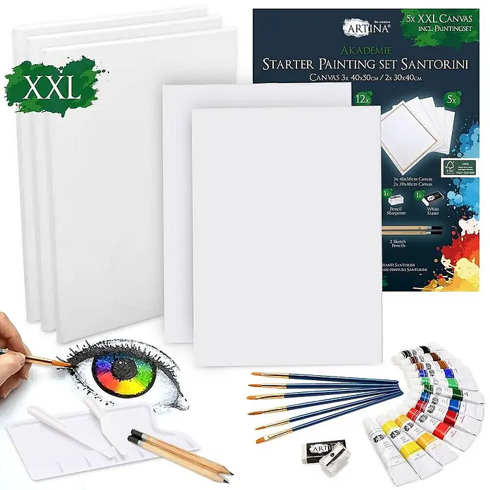 30tlg Keilrahmen & Acrylfarben Set Santorini Malset Acryl -  - Umfassendes Malset mit Leinwänden, Farben, Pinseln, Bleistiften und Zubehör. Ideal für Anfänger.