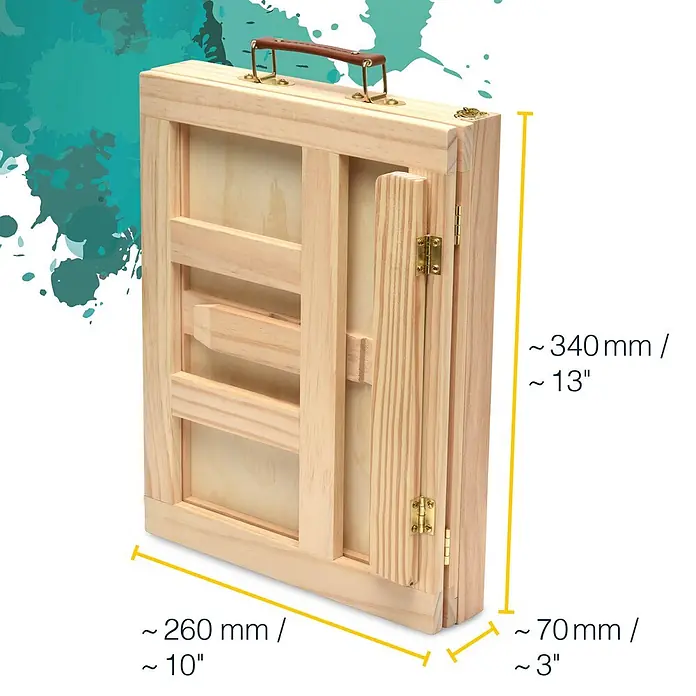 19tlg Acrylfarben Set mit Tischstaffelei & Malkoffer Milano -  - Gefaltete hellbraune Holzmalkasten mit Messinggriff und Scharnieren. Maße: 340x260x70mm.