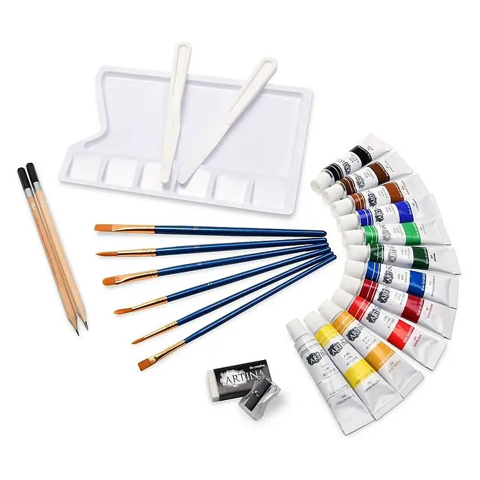 30tlg Malset Santorini inkl. Kofferstaffelei Le Mans ? -  - Malset mit Acrylfarbtuben, Pinseln, Bleistiften, Radiergummi, Spitzer, weißer Palette und Spachteln.