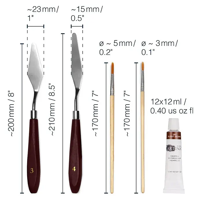 19tlg Acrylfarben Set mit Tischstaffelei & Malkoffer Milano -  - Zwei Palettmesser, zwei Pinsel und eine Aquarellfarbtube mit Maßen.