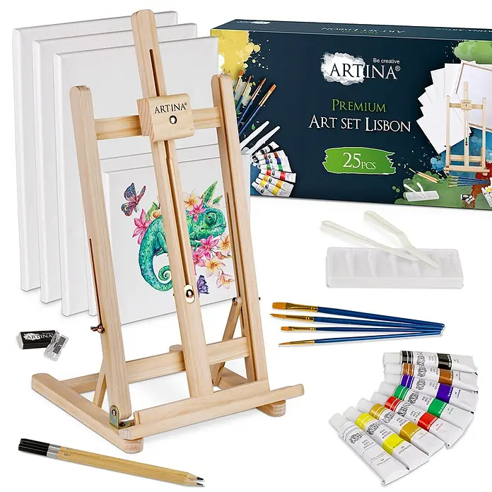 25tlg Premium Malset mit Tischstaffelei Lisbon, 25tlg. -  - Kunstset mit Holzstaffelei, Leinwänden, Acrylfarben, Pinseln, Palette und Zeichenzubehör.
