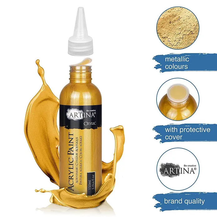 6 x 150ml Acrylfarben Metallic Set Crylic Metallic Crylic -  - Goldene Metallic ARTINA Acrylfarbenflasche, 150ml, mit Schutzfolie unter separater Düsenkappe.