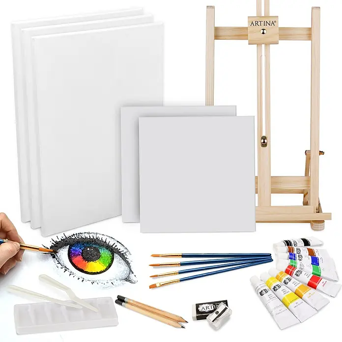25tlg Premium Malset mit Tischstaffelei Lisbon, 25tlg. -  - Ein Kunstset mit Leinwänden, einer Staffelei aus Holz, Acrylfarben, Pinseln, Bleistiften, einer Palette und Malmessern.
