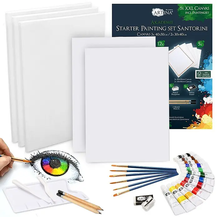 30tlg. Malset mit Staffelei Barcelona -  - Umfassendes Malset mit mehreren Keilrahmen, Malplatten, Acrylfarben, Pinseln, Bleistiften, Palette, Spitzer und Radiergummi.