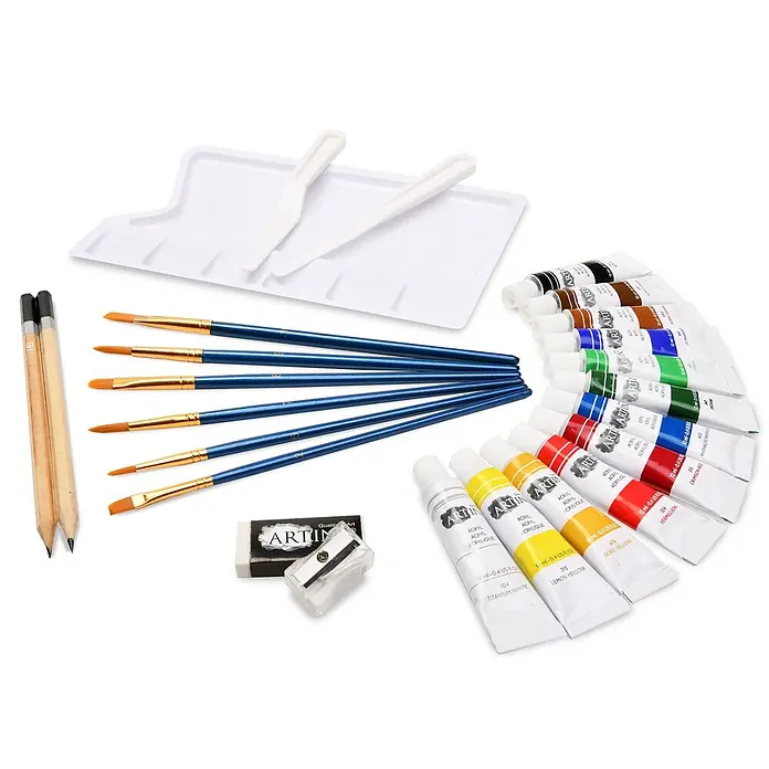 30tlg. Malset mit Staffelei Barcelona -  - Kunstset mit Acrylfarben, Pinseln, Bleistiften, einer Palette, Spateln, Radiergummi und Spitzer.
