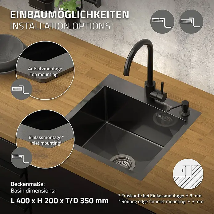 Spülbecken Edelstahl Anthrazit 45x45 cm mit Siphon Küchenspüle eckig -  - Schwarzes Spülbecken mit Armatur und Seifenspender, zeigt Aufsatz- und Einlassmontage. Beckenmaße: L 400 x H 200 x T 350 mm.