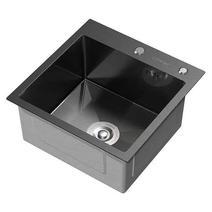 Spülbecken Edelstahl Anthrazit 45x45 cm mit Siphon Küchenspüle eckig -  - Dunkelgraue Einzelbecken-Küchenspüle mit gebürstetem Edelstahl-Siebkorb, Überlauf und zwei Bedienelementen am Rand.