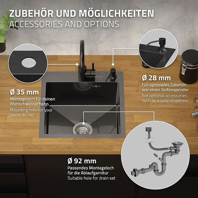Spülbecken Edelstahl Anthrazit 45x45 cm mit Siphon Küchenspüle eckig -  - Dunkelgraue Küchenspüle mit angezeigten Löchern für Armatur, Seifenspender und Ablaufgarnitur, in Holz-Arbeitsplatte installiert.