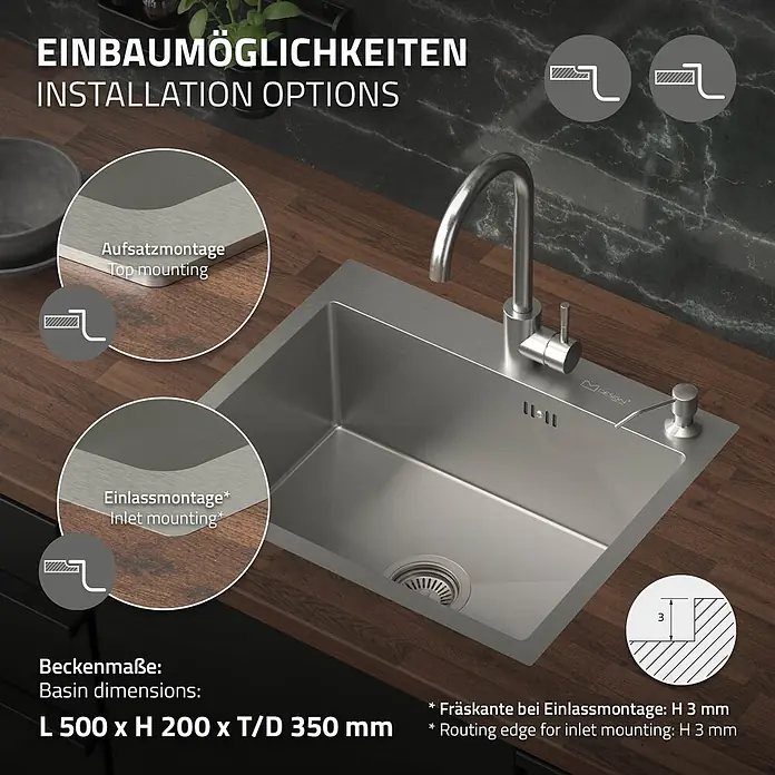 Spülbecken Edelstahl 1 Becken 55x45 cm mit Siphon und Seifenspender -  - Ein rechteckiges Edelstahl-Spülbecken mit Wasserhahn und Seifenspender, in eine Holztheke eingebaut, mit Hervorhebung der Einbaumöglichkeiten und Maße.