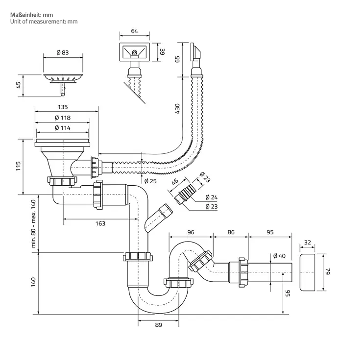 ML-Design Einbauspüle Edelstahl 68x45 cm Anthrazit mit Abtropfkorb Seifenspender - 68 x 45 cm, Stahl - Technische Zeichnung einer Spülenablaufgarnitur mit Siphon und Überlauf, inklusive Maßen.