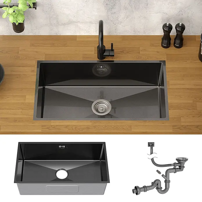 Spülbecken Edelstahl 1 Becken Anthrazit 70x40 cm mit Siphon -  - Schwarze Küchenspüle mit Wasserhahn, in einer Holztheke installiert. Spüle und komplettes Ablaufsystem sind auch separat abgebildet.