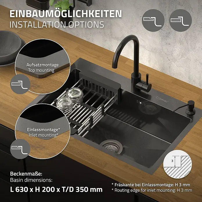 ML-Design Einbauspüle Edelstahl 68x45 cm Anthrazit mit Abtropfkorb Seifenspender - 68 x 45 cm, Stahl - Schwarze Küchenspüle mit Wasserhahn, zeigt Aufsatz- und Einlassmontageoptionen sowie Beckenmaße.