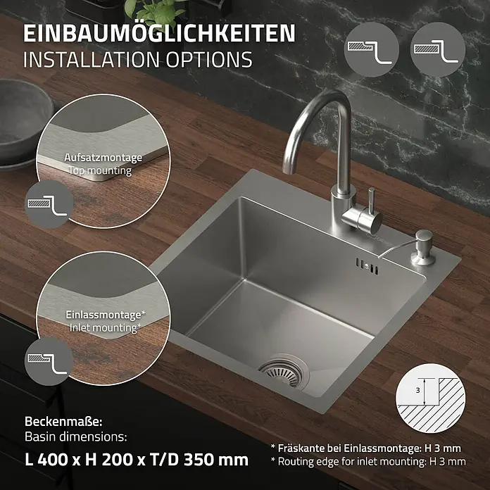 Spülbecken Edelstahl 1 Becken 45x45 cm mit Siphon und Seifenspender -  - Edelstahl-Küchenspüle, Einbaumöglichkeiten (Aufsatz- & Einlassmontage) gezeigt, mit Maßen L 400 x H 200 x T 350 mm.
