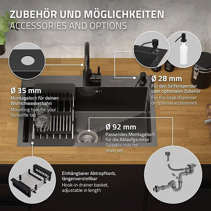 ML-Design Einbauspüle Edelstahl 68x45 cm Anthrazit mit Abtropfkorb Seifenspender - 68 x 45 cm, Stahl - Dunkelgraue Küchenspüle mit Befestigungslöchern für Armatur, Seifenspender, Abfluss und einem einhängbaren, verstellbaren Abtropfkorb mit Sanitärdetails.